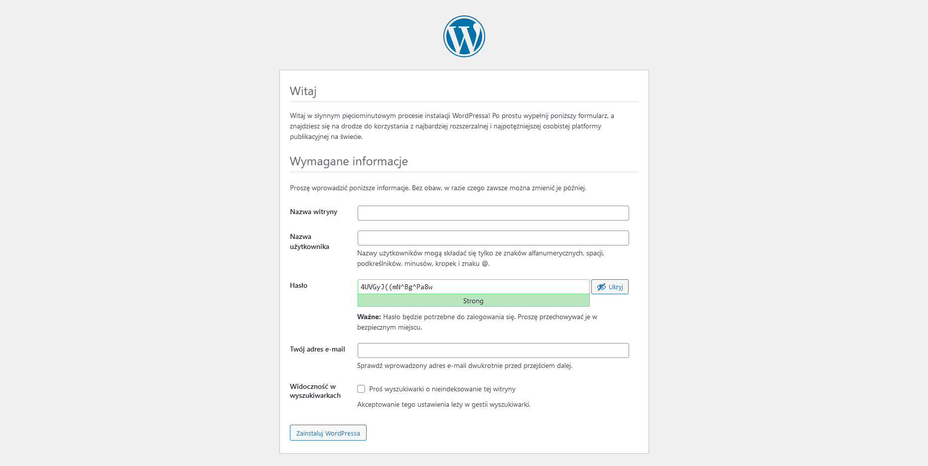 utworzenie nazwy użytkownika i hasła wordpress