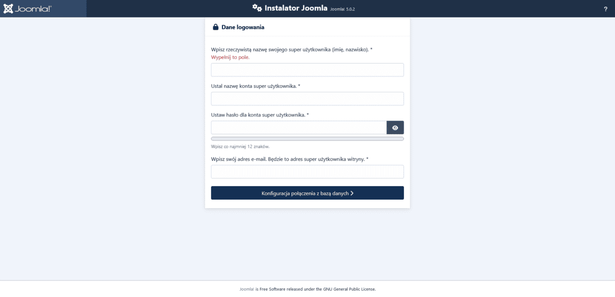 uzupełnienie danych super administratora Joomla