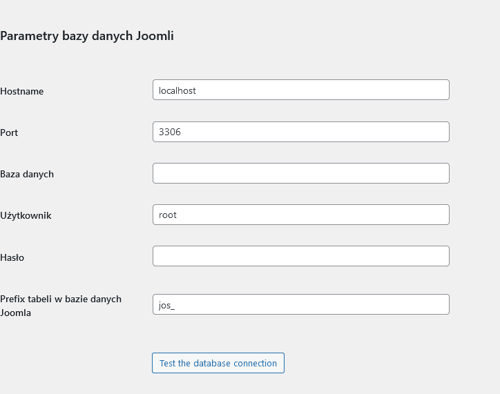 Parametry bazy danych Joomli