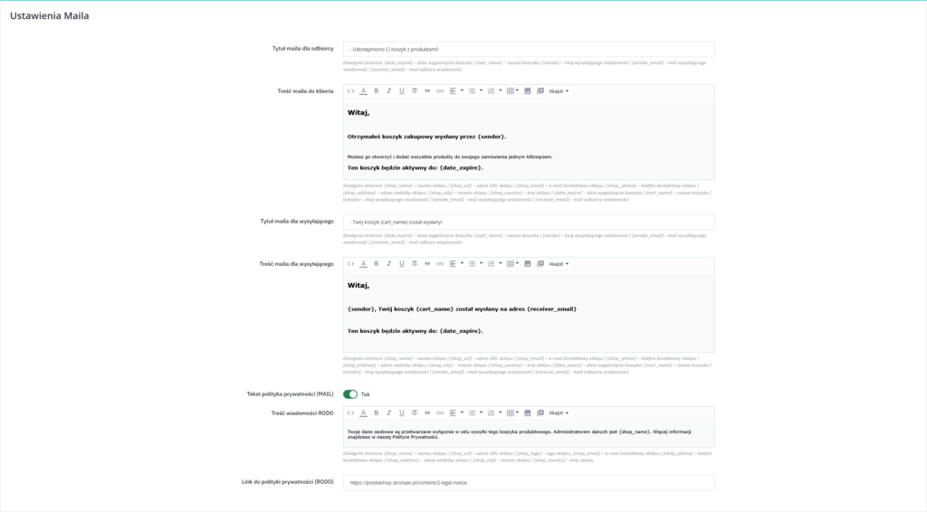 Ustawienia treść - Zapisz i udostępnij koszyk - stronaW.pl