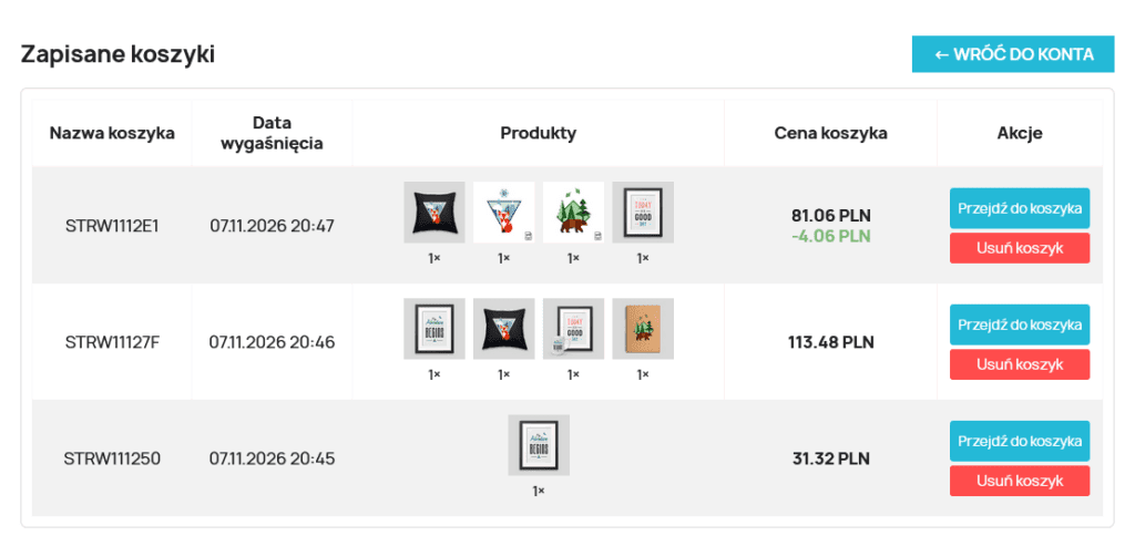 Panel klienta - Zapisz i udostępnij koszyk - stronaW.pl